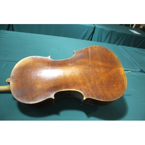 1555 - ANTIQUE CELLO probably 19thc, with a 2 piece back and rosewood tuning pegs. Bears a label inside, Pe... 