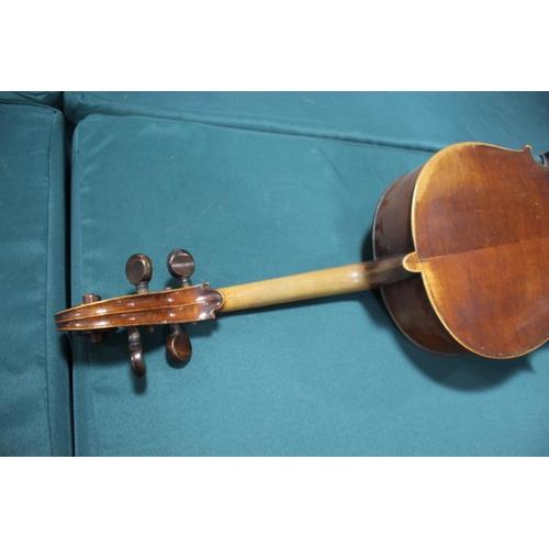 1555 - ANTIQUE CELLO probably 19thc, with a 2 piece back and rosewood tuning pegs. Bears a label inside, Pe... 