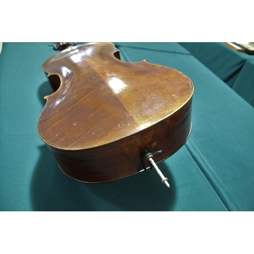 1555 - ANTIQUE CELLO probably 19thc, with a 2 piece back and rosewood tuning pegs. Bears a label inside, Pe... 