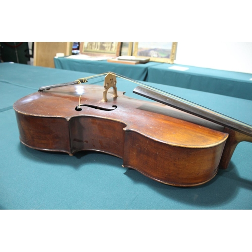 1555 - ANTIQUE CELLO probably 19thc, with a 2 piece back and rosewood tuning pegs. Bears a label inside, Pe... 