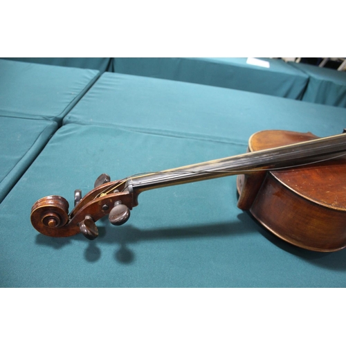 1555 - ANTIQUE CELLO probably 19thc, with a 2 piece back and rosewood tuning pegs. Bears a label inside, Pe... 