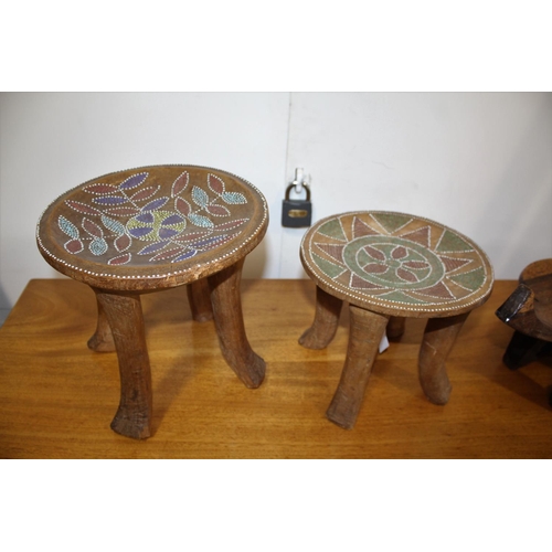 1577 - AFRICAN TRIBAL STOOLS including 2 similar stools with dish shaped tops and bead work decoration, eac... 