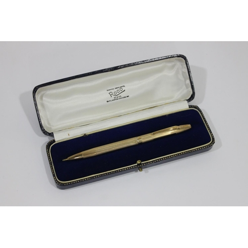 1642 - 9CT GOLD PEN a 9ct gold ball point pen with engine turned decoration, in a fitted box and marked for... 