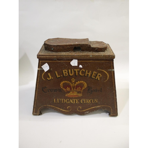 1667 - VINTAGE SHOE SHINE BOX - ADVERTISING INTEREST a painted shoe shine box, with advertising on each sid... 