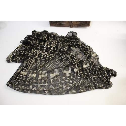 1754 - 1920's EGYPTIAN ASSUIT SHAWL a black and silver Assuit shawl, also with a black ostrich feather fan,... 