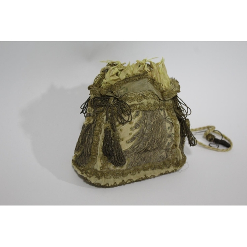 1758 - EARLY DRAW STRING BAG probably 18thc, an interesting silk bag with silver and gold coloured metallic... 