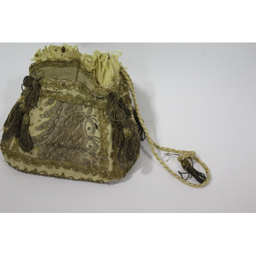 1758 - EARLY DRAW STRING BAG probably 18thc, an interesting silk bag with silver and gold coloured metallic... 