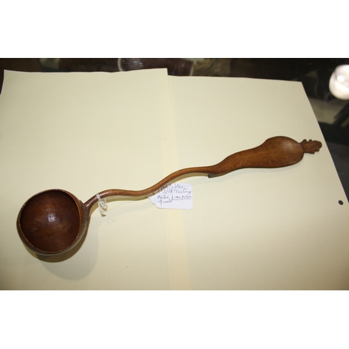 1653 - TREEN LADLES probably both 19thc and made in fruitwood, one spoon with a straight shaft and ovoid bo... 