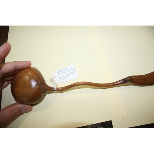 1653 - TREEN LADLES probably both 19thc and made in fruitwood, one spoon with a straight shaft and ovoid bo... 