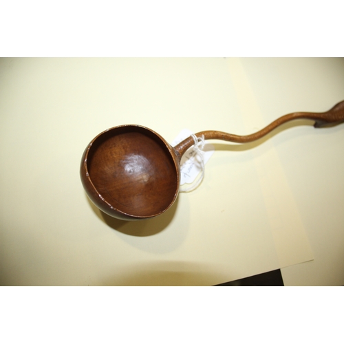 1653 - TREEN LADLES probably both 19thc and made in fruitwood, one spoon with a straight shaft and ovoid bo... 