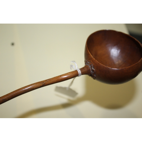 1653 - TREEN LADLES probably both 19thc and made in fruitwood, one spoon with a straight shaft and ovoid bo... 