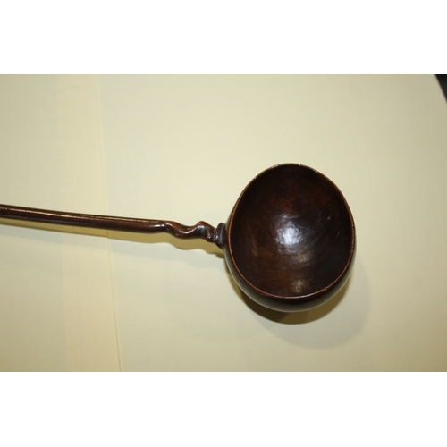 1653 - TREEN LADLES probably both 19thc and made in fruitwood, one spoon with a straight shaft and ovoid bo... 