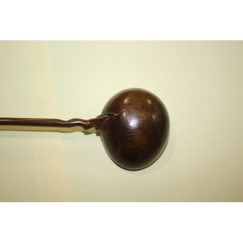 1653 - TREEN LADLES probably both 19thc and made in fruitwood, one spoon with a straight shaft and ovoid bo... 