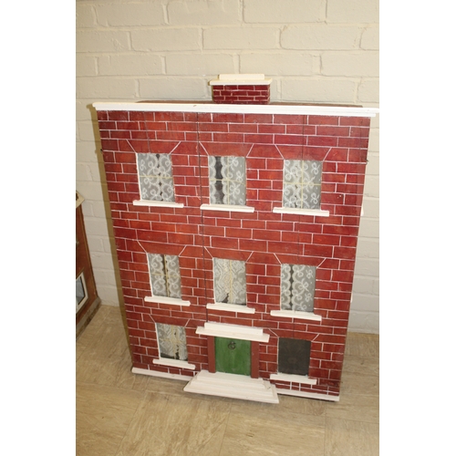 1473 - VICTORIAN DOLLS HOUSE a 3 storey pine house with painted brick facade, and glazed windows with netti... 