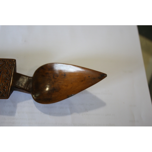 1651 - 19THC WELSH TREEN LOVE SPOON early 19thc, the fruitwood spoon with a rectangular handle, with a hear... 