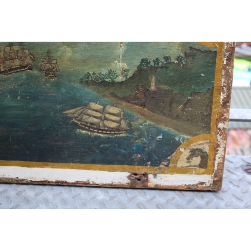 1686 - PRIMITIVE NAVAL PAINTING ON WOOD - FOLK ART probably painted on the lid of a Seaman's chest, with va... 