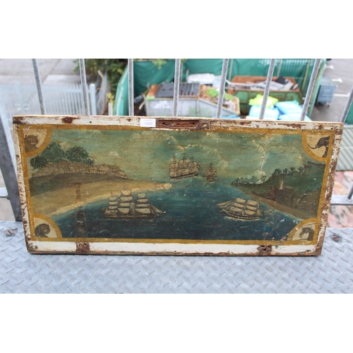 1686 - PRIMITIVE NAVAL PAINTING ON WOOD - FOLK ART probably painted on the lid of a Seaman's chest, with va... 