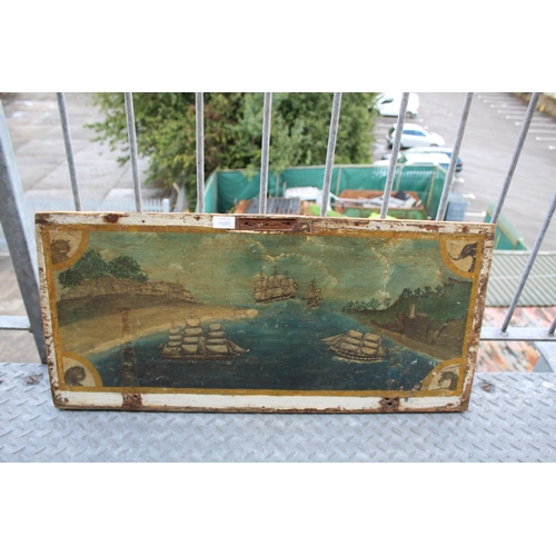 1686 - PRIMITIVE NAVAL PAINTING ON WOOD - FOLK ART probably painted on the lid of a Seaman's chest, with va... 