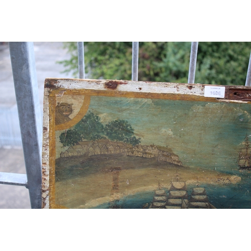 1686 - PRIMITIVE NAVAL PAINTING ON WOOD - FOLK ART probably painted on the lid of a Seaman's chest, with va... 