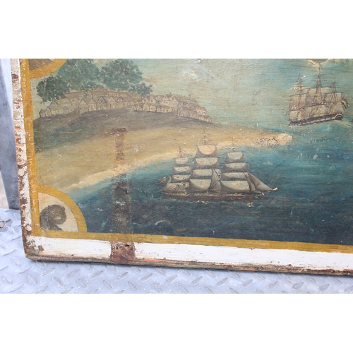 1686 - PRIMITIVE NAVAL PAINTING ON WOOD - FOLK ART probably painted on the lid of a Seaman's chest, with va... 