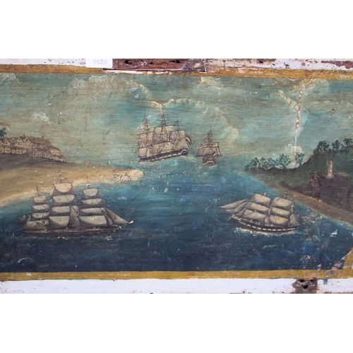 1686 - PRIMITIVE NAVAL PAINTING ON WOOD - FOLK ART probably painted on the lid of a Seaman's chest, with va... 