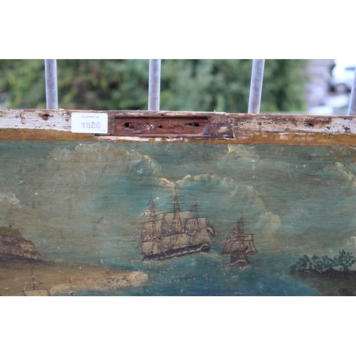 1686 - PRIMITIVE NAVAL PAINTING ON WOOD - FOLK ART probably painted on the lid of a Seaman's chest, with va... 