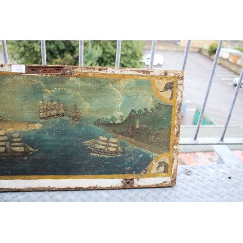 1686 - PRIMITIVE NAVAL PAINTING ON WOOD - FOLK ART probably painted on the lid of a Seaman's chest, with va... 