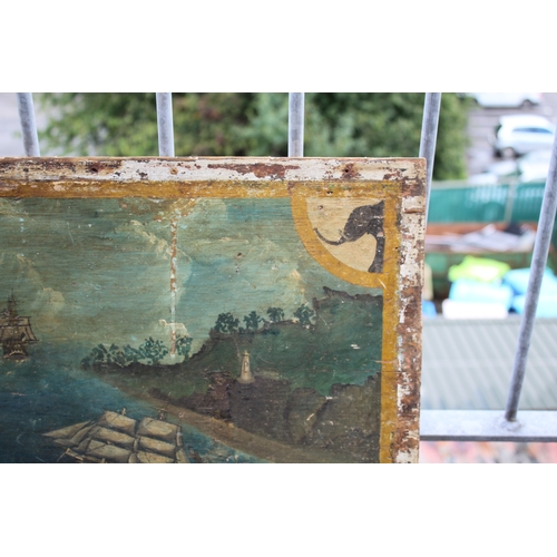 1686 - PRIMITIVE NAVAL PAINTING ON WOOD - FOLK ART probably painted on the lid of a Seaman's chest, with va... 