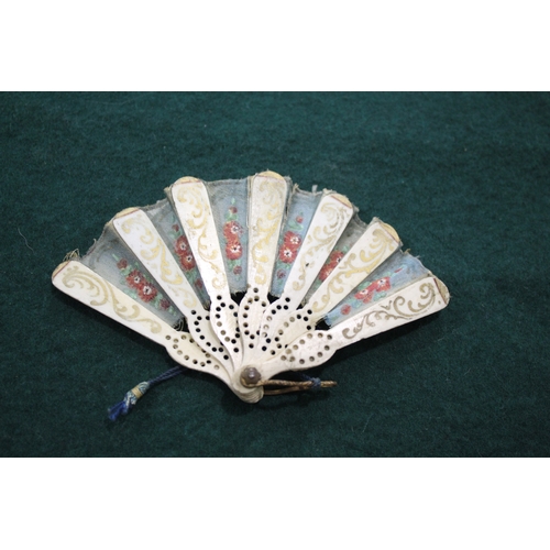 1505 - 19THC DOLLS FAN a fabric and bone miniature fan, with pierced bone brise sections with gold painted ... 