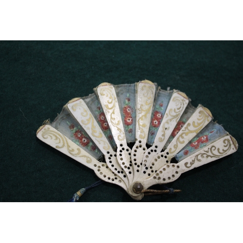 1505 - 19THC DOLLS FAN a fabric and bone miniature fan, with pierced bone brise sections with gold painted ... 