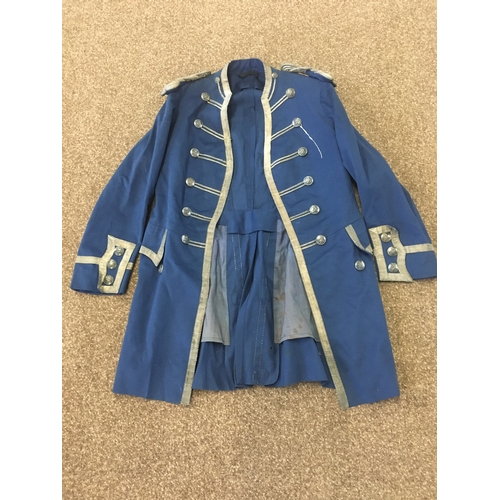 1776 - VINTAGE CLOTHING including a navy blue woollen coat with metal buttons and gold braid trimming, a pa... 