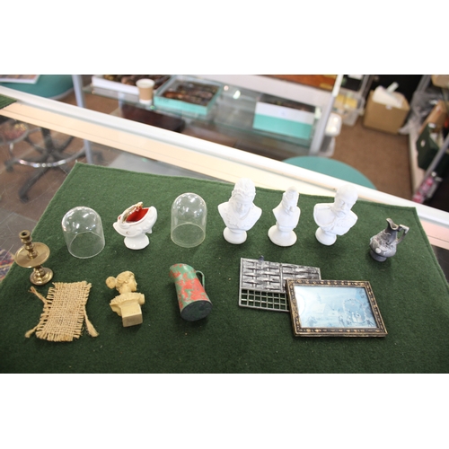 1467 - DOLLS HOUSE ACCESSORIES including various painted metal Dog figures, a cast metal figure of a lady w... 