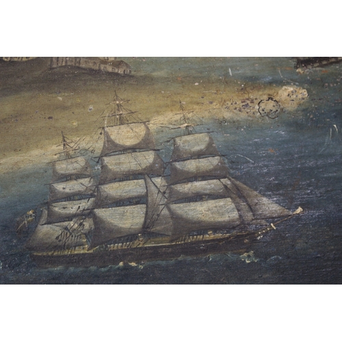 1686 - PRIMITIVE NAVAL PAINTING ON WOOD - FOLK ART probably painted on the lid of a Seaman's chest, with va... 