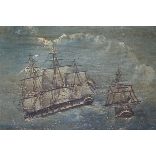 1686 - PRIMITIVE NAVAL PAINTING ON WOOD - FOLK ART probably painted on the lid of a Seaman's chest, with va... 