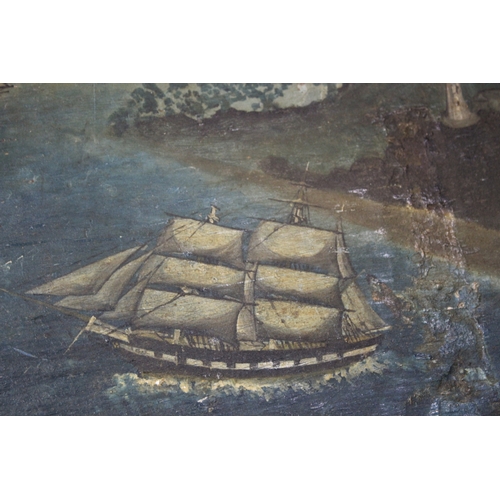 1686 - PRIMITIVE NAVAL PAINTING ON WOOD - FOLK ART probably painted on the lid of a Seaman's chest, with va... 