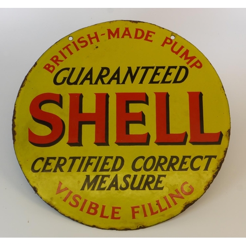 664 - Shell Petrol Pump Enamel Sign.  A circular single-sided three-colour enamel sign, a little chipping,... 