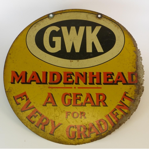 665 - A Rare G.W.K. - Maidenhead Sign.  A double-sided and hanging transfer-printed tin sign, one side adv... 