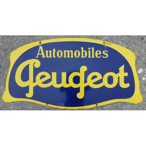 670 - Automobiles Peugeot.  A shaped double-sided two-colour hanging enamel sign. Just a little rusting to... 