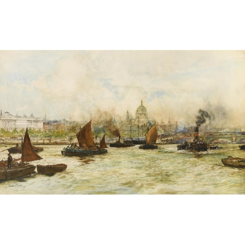 1334 - CHARLES DIXON (1872-1934) TUGS ON THE THAMES NEAR ST PAUL'S Signed and dated 19, watercolour with pe... 