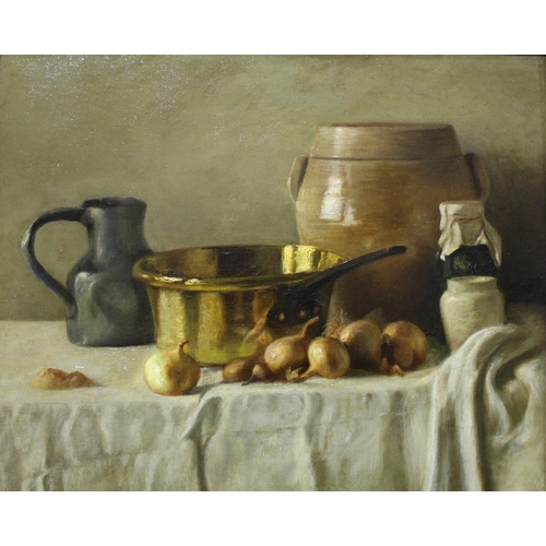 1385 - FOLLOWER OF AUGUSTIN THEODULE RIBOT (1823-1891) A KITCHEN STILL LIFE Oil on canvas, maple veneered f... 