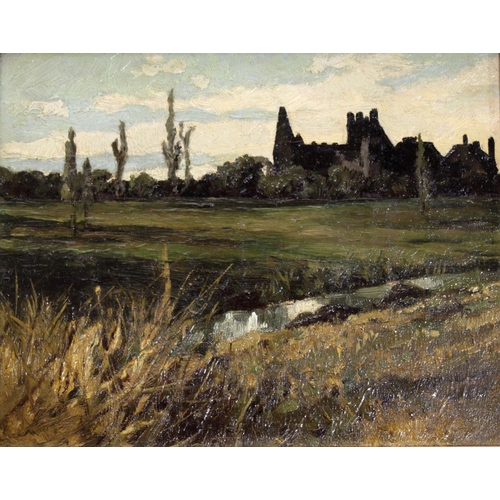 1387 - FOLLOWER OF CHARLES FRANCOIS DAUBIGNY (1817-1878) FIELDS ON THE OUTSKIRTS OF A VILLAGE Oil on canvas... 