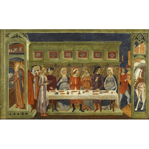 1404 - TUSCAN SCHOOL, 15th/16th CENTURY A WEDDING FEAST Tempera (?) on panel, probably a panel from a casso... 