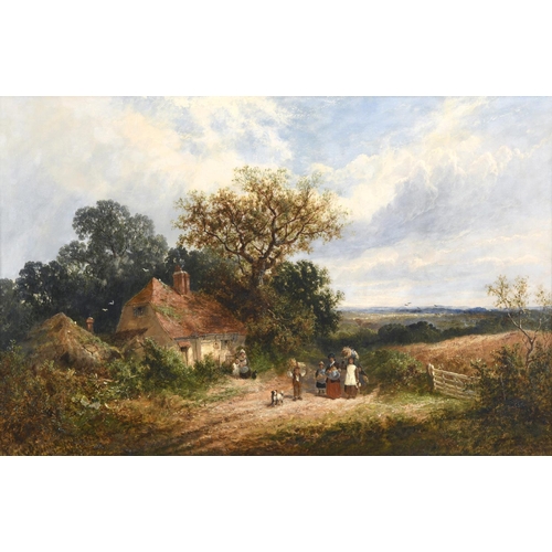 1452 - JAMES EDWIN MEADOWS (1828-1888) LANDSCAPE, WITH FIGURES OUTSIDE A COTTAGE Signed and dated 67, oil o... 