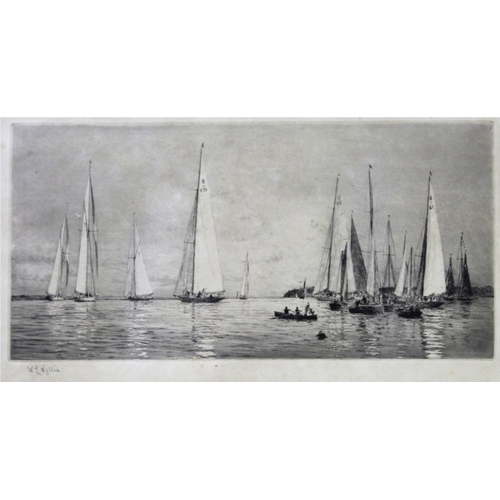 1484 - WILLIAM LIONEL WYLLIE, RA (1851-1931) J-CLASS YACHTS BECALMED OFF COWES, ISLE OF WIGHT Etching with ... 