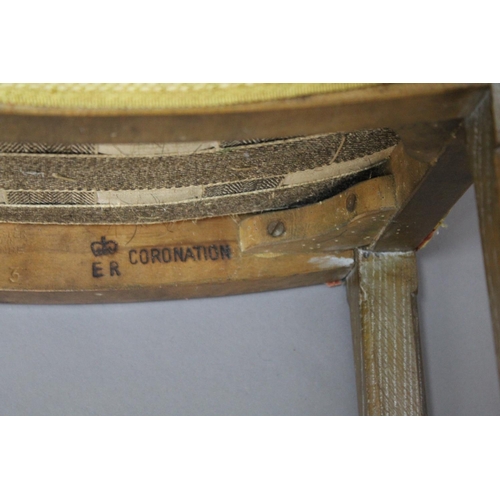 1013 - CORONATION STOOL - QUEEN ELIZABETH a limed oak coronation stool with curved seat, stamped ER Coronat... 