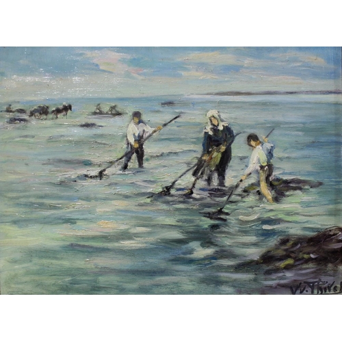 1531 - YVONNE THIVET (1888-1972) GATHERING SHELLFISH Signed, oil on board 25 x 33.5cm. ++ Needs a light cl... 