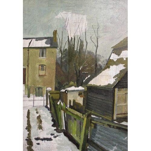 1542 - CHARLES MAHONEY, RA (1903-1968) VIEW OF ST. MARY'S LANE FROM OAK COTTAGE Oil and pencil on board 34... 