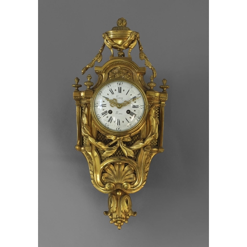 1579 - A NEOCLASSICAL STYLE ORMOLU WALL CLOCK, with a 12 cm enamelled convex dial signed 'Leroy A Paris' wi... 