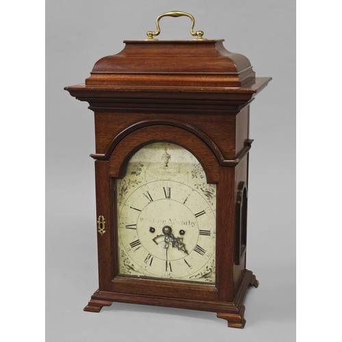 1582 - A MAHOGANY CASED BRACKET CLOCK WITH A PAINTED DIAL, the arched dial with a painted chapter ring with... 