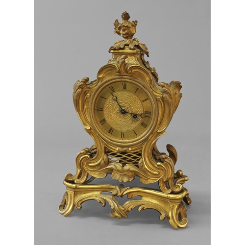 1585 - A 19TH CENTURY ROCOCO REVIVAL ORMOLU MANTEL CLOCK BY DES GRANGES, LONDON, the rococo revival case of... 